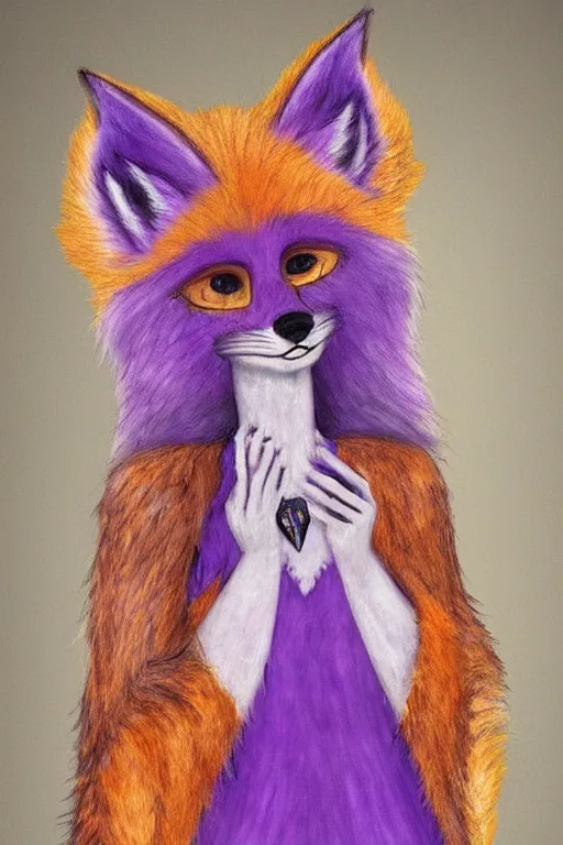 Prompt: portrait of a furry anthromorphic fox with orange fur long purple hair and black ears wearing a long dress, very beautiful, detailed fur