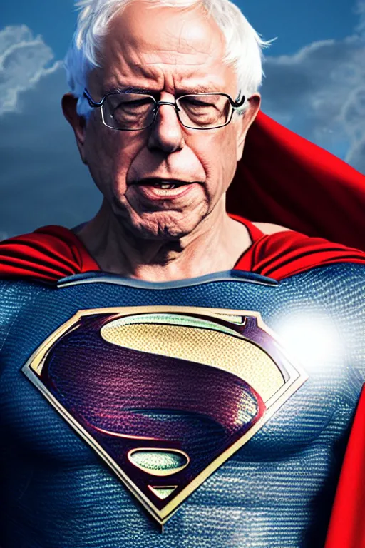 Image similar to realistic detailed photo of Bernie Sanders as man of steel, superman blue eyes, woven armour intricate complexity, Behance, golden ratio, fibanci background, vray, rich deep colors