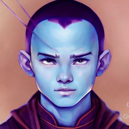 Image similar to Portrait of Aang,blue arrow paint going down his head, by Charlie Bowater