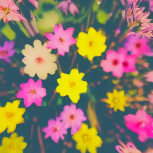 Prompt: In focus colorful flowers blossoming, climax, overwhelming, brilliant, surreal, cinematic, epic, 8k, sharp focus, color grain 35mm, tilt-shift, dslr