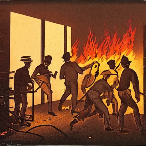 Image similar to Luddites set the server room on fire, lithograph