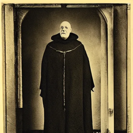 Image similar to aleister crowley wearing a dark hooded cloak