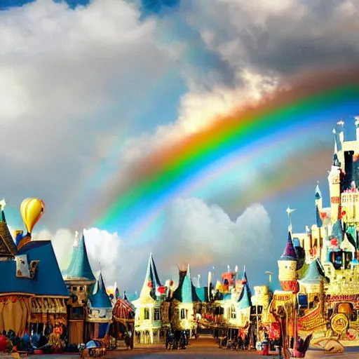 Image similar to a whimsical magical kingdom made up of clouds and rainbows, covered in shining stars