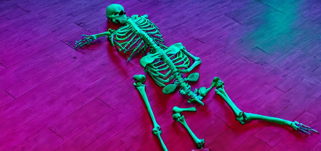 Prompt: the skeleton lies on the ground in front of the computer, magenta and blue, dof, neon