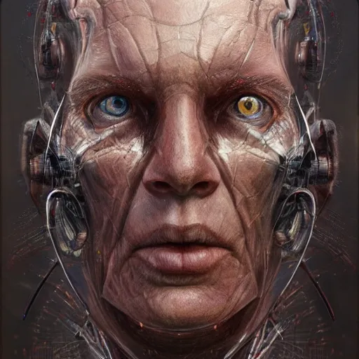 Image similar to centered front face portrait art illustration of an ultradetailed biomechanic evil neuronal cyborg, by greg rutkowski and Zdzisław Beksiński, mechanic, photorealistic, 8k, intricate, futuristic, dramatic light, trending on cg society