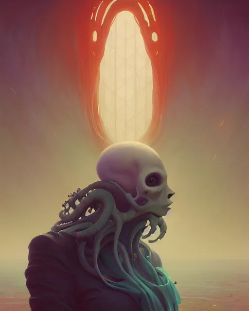 Image similar to highly detailed surreal vfx portrait of a oceanpunk grim reaper, stephen bliss, unreal engine, greg rutkowski, loish, rhads, beeple, makoto shinkai and lois van baarle, ilya kuvshinov, rossdraws, tom bagshaw, alphonse mucha, global illumination, detailed and intricate environment