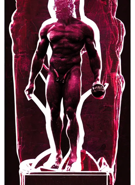 Image similar to design poster showing a statue of hercules, black background with very subtle red and purple design elements, powerful, nekro, vito acconci, graphic design, collage art, subtle thin lines, dark, glitch art, neo vaporwave, gritty, layout frame, square, trending on artstation