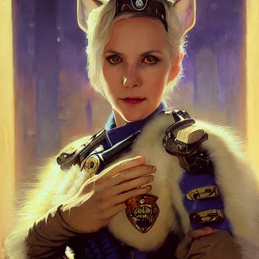 Prompt: portrait of a female white fox in a police uniform. shadowrun furaffiniy cyberpunk fantasy highly detailed painting by gaston bussiere craig mullins jc leyendecker gustav klimt artgerm greg rutkowski john berkey, bergey, craig mullins, ruan jia, raymond swanland, jeremy mann, tom lovell, alex malveda