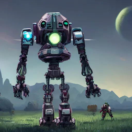 Prompt: corrupted robot sentinel enjoying picking up flower on infested planet, no man's sky, 4 k, digital art, concept art