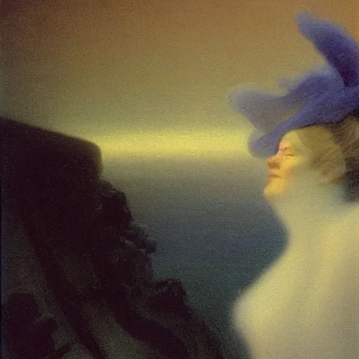 Prompt: a young woman's face, her hair is silver white and she wears an indigo blue satin cloak, by ivan aivazovsky and syd mead and moebius and gaston bussiere and roger dean and pieter claesz and paul delaroche and alma tadema and aelbert cuyp and jan heem, hyperrealistic, volumetric light, octane render