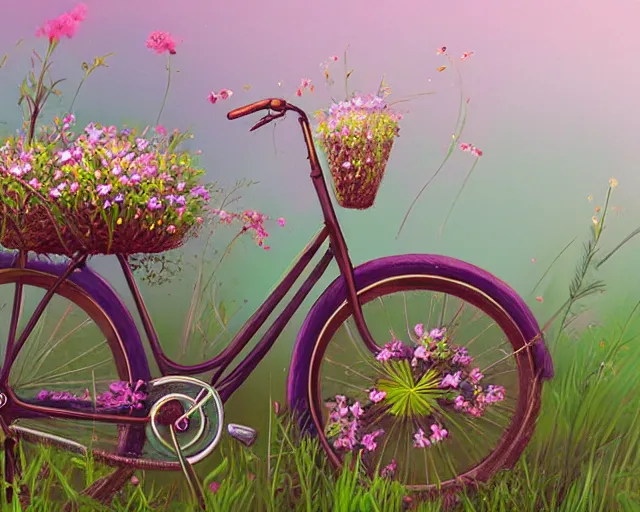 Prompt: old bicycle overgrown with weeds and flowers, sylvain sarrailh, artstation, petros afshar