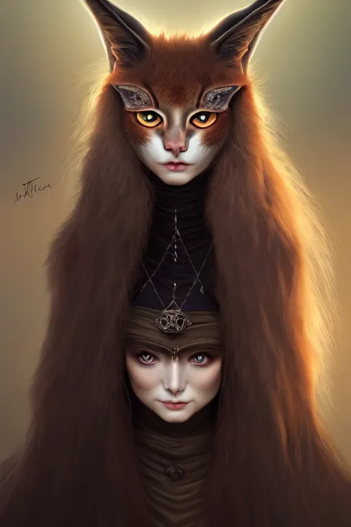 Image similar to beautiful ancient witch with cute caracal face uses fluffy fur magic, highly detailed, digital painting, artstation, sharp focus, illustration, art by tan zi and ayanamikodon and alphonse and wlop