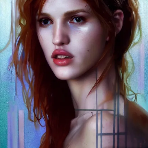 Image similar to full figure bella thorne as a nurse, hyperrealistic portrait, bladerunner street, art of elysium by jeremy mann and alphonse mucha, fantasy art, photo realistic, dynamic lighting, artstation, poster, volumetric lighting, very detailed face, 4 k, award winning