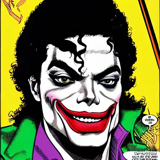 Image similar to dynamic macro head portrait of beautifu michael jackson as the joker in white sequined jacket by john romita sr and cory walker and ryan ottley and jack kirby and barry windsor - smith, comic, illustration, photo real