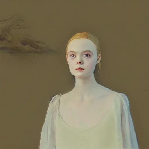 Prompt: Elle Fanning in the painted world of Portrait of a Lady on Fire, head and shoulders masterpiece, apocalypse, golden hour, cosmic horror, artstation, in the style of Andrew Wyeth and Edward Hopper and Bosch, extremely detailed