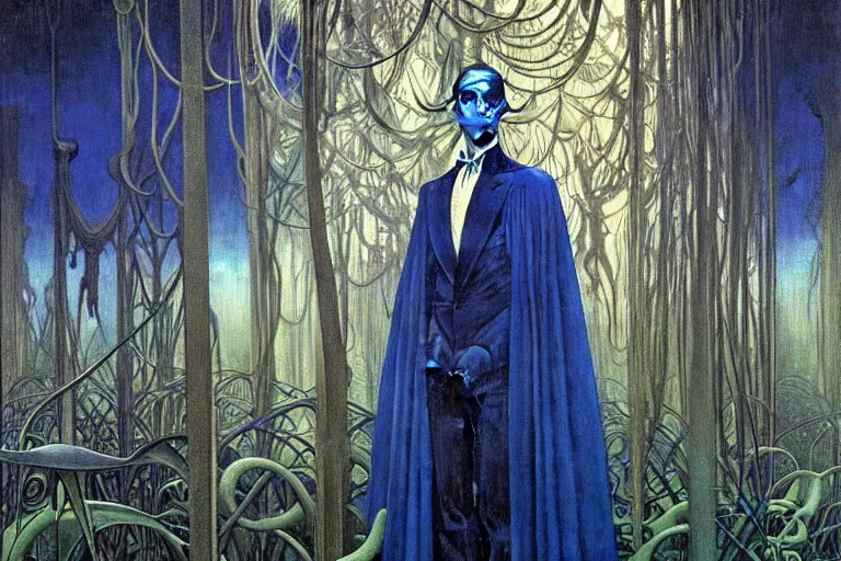 Prompt: realistic extremely detailed portrait painting of an elegantly creepy vampire man in a cape, futuristic sci-fi forest on background by Jean Delville, Amano, Yves Tanguy, Alphonse Mucha, Ernst Haeckel, Edward Robert Hughes, Roger Dean, rich moody colours, blue eyes