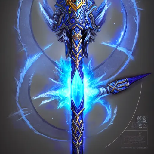 Image similar to bright weapon of warcraft blizzard wizard staff art, a spiral magical wizard staff. bright art masterpiece artstation. 8k, sharp high quality illustration in style of Jose Daniel Cabrera Pena and Leonid Kozienko, blue colored theme, concept art by Tooth Wu,