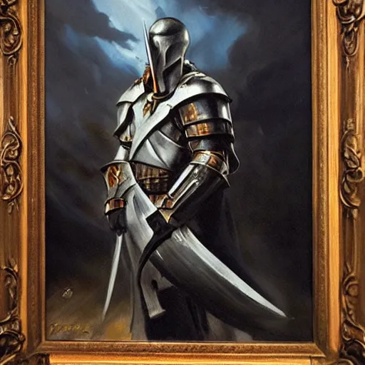 Image similar to ultra realistic portrait painting of a templar knight, art by frank frazetta, vintage levi ’ s ad, stormy weather, dark vibes, 4 k, ultra realistic, highly detailed, epic lighting