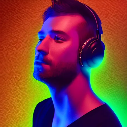 Prompt: a photorealistic of tech progressive electronic music dj portrait colorful :refractive : : octane render, 4K, dynamic light