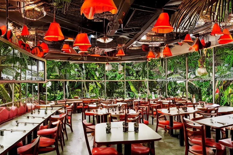 Prompt: 1 9 9 2 rainforest themed diner, tables repeat into the horizon, fruitcore, watermeloncore, one point perspective, americana, restaurant interior photography, 5 5 mm