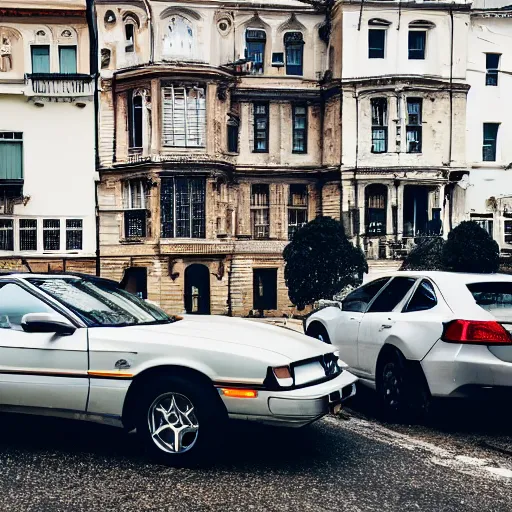 Image similar to a bunch of cars that are sitting in the street, trending on unsplash, stuckism, cityscape, depth of field