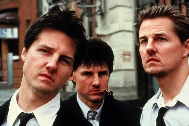 Image similar to close view headshot portrait of a pair alexandr zembatov and mikhail alontsev, tall and small, posing on a street in gangsta comedy of 1990s, movie shot, Edward Norton, Tom Cruise, Lock, Stock and Two Smoking Barrels