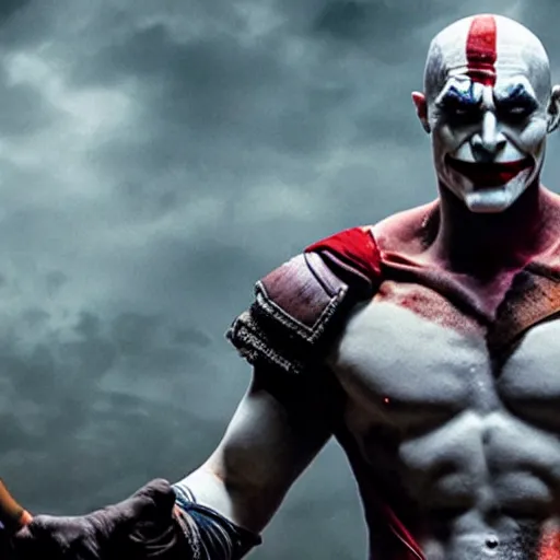 Image similar to film still of kratos as the joker in the new batman movie