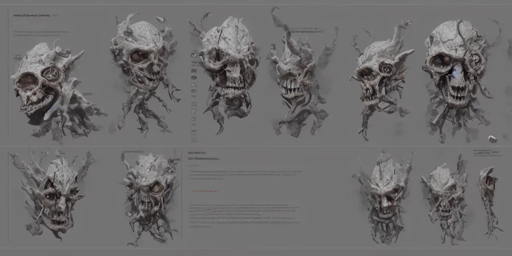 Image similar to flesh and bones mask design, character sheet, Moebius, Greg Rutkowski, Zabrocki, Karlkka, Jayison Devadas, Phuoc Quan, trending on Artstation, 8K, ultra wide angle, zenith view, pincushion lens effect.