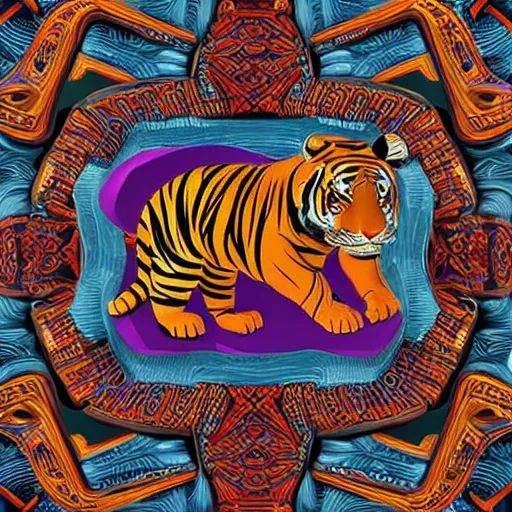 Prompt: coloured sculpture breathtakingly cool beautiful stylised mayan ornate biomechanical tiger, isometric perspective, 8 k