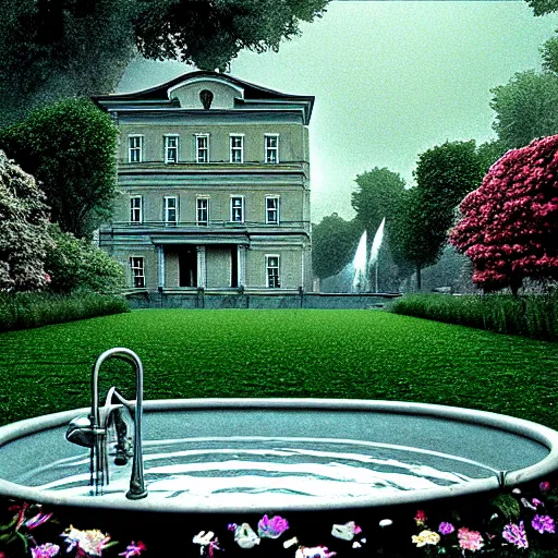 Prompt: hyperrealism photography computer simulation visualisation of parallel dark universe detailed old bath in the detailed ukrainian village garden in dramatic scene from movie the big lebowski ( 1 9 9 8 ) by taras shevchenko and alejandro jodorowsky and andrei tarkovsky