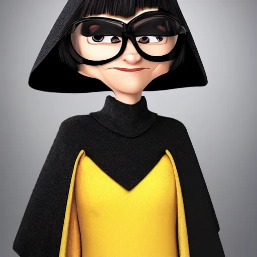 Prompt: Edna Mode wearing a cape and looking unhappy about it