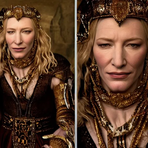 Image similar to Portrait cate blanchett ancient biblical, sultry, sneering, evil, pagan, wicked, queen jezebel, wearing gilded ribes, highly detailed, painting