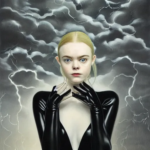 Image similar to Elle Fanning wearing a black latex suit in the style of Paola Vetri, head and shoulders portrait, stormy weather, extremely detailed masterpiece, oil on canvas, low-key neon lighting, artstation, Blade Runner 2049, Roger Deakin’s cinematography, by J. C. Leyendecker and Peter Paul Rubens and Edward Hopper and Michael Sowa,