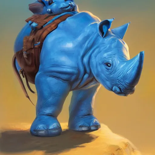 Prompt: A cute blue rhino wearing adventurer's clothing, expressive pose, highly detailed, digital painting, artstation, concept art, smooth, sharp focus, studio light, by Justin Gerard,