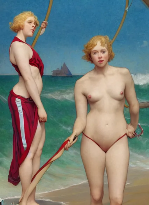 Prompt: portrait Gwendoline Christie as sea lifeguard on the beach, full length shot, shining, 8k highly detailed, sharp focus, illustration, art by artgerm, mucha, bouguereau