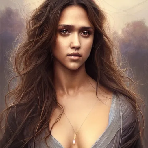 Prompt: beautiful striking Pre-Raphaelite Jessica Alba by Artgerm and Greg Rutkowski, flowing hair, intricate, elegant, highly detailed, digital painting