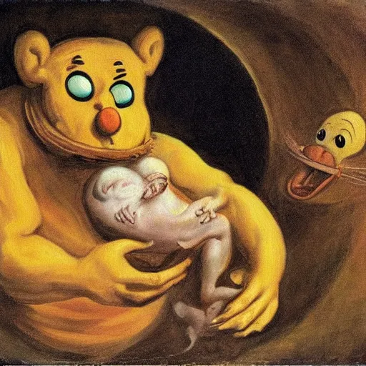 Image similar to Garfield as Saturn devouring his son, painted by Goya, oil on canvas