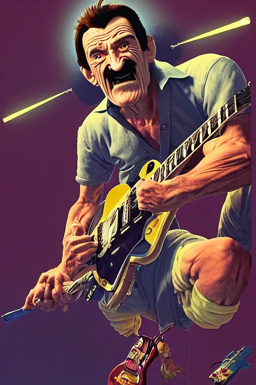 Image similar to barry chuckle ( shredding on a gibson les paul, art by frank frazetta and glenn fabry, and richard corben, 3 d rendering by beeple, 8 k )