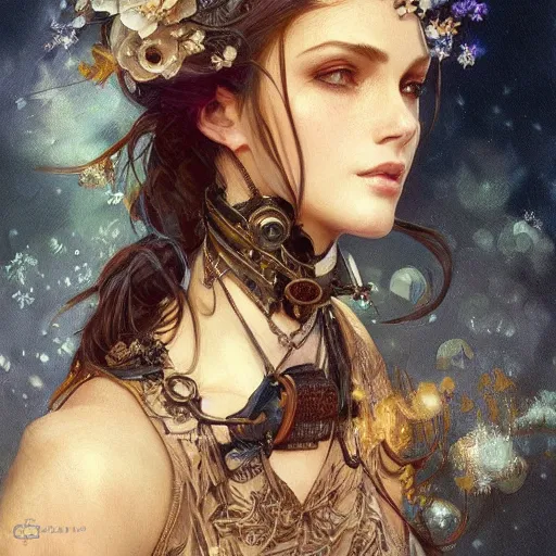 Prompt: photograpic portrait of a pretty woman, steampunk, fantasy, intricate, elegant, highly detailed, digital painting, artstation, concept art, smooth, sharp focus, illustration, art by artgerm and greg rutkowski and alphonse mucha