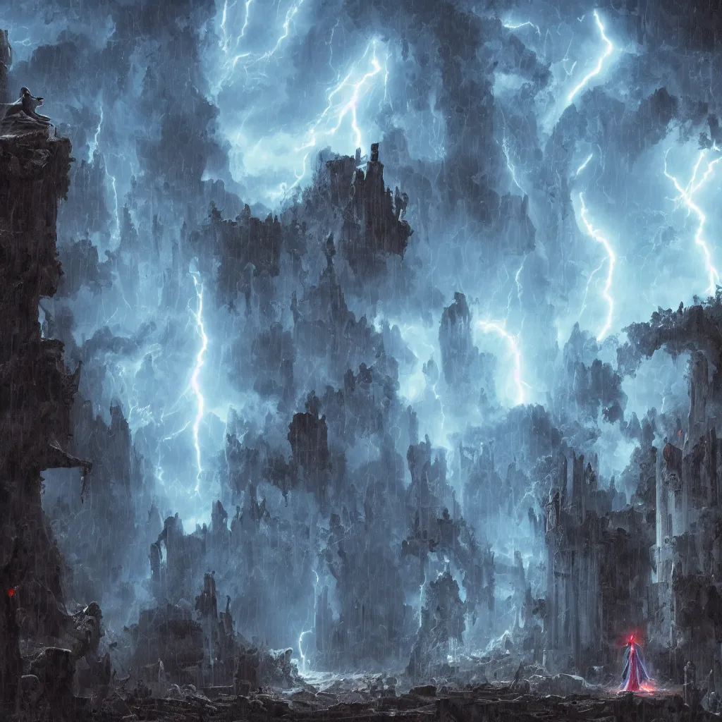 Image similar to a still of a cloaked figure standing in the ruins of crux prime, monastery, there is lightning, blue fiery maelstrom in the distance, it is raining, digital art, artstationhq