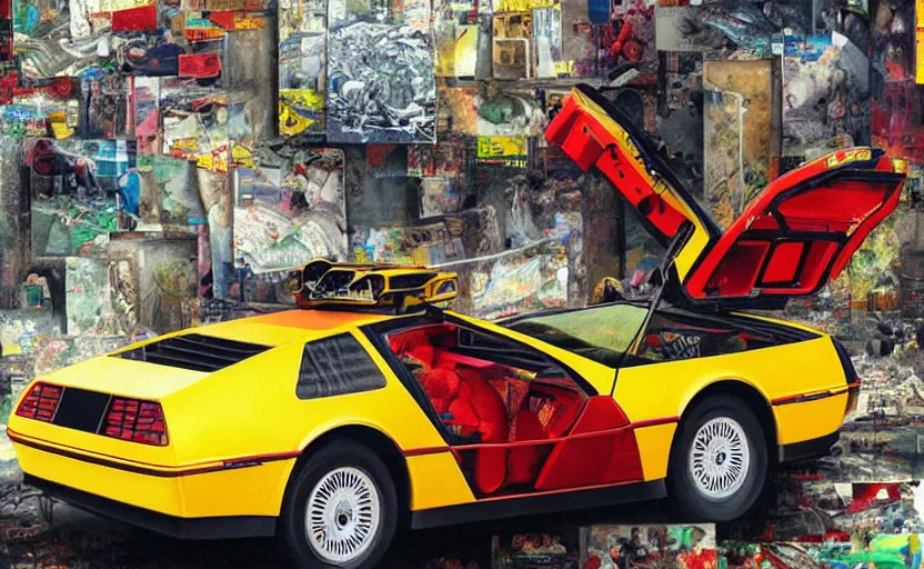 Image similar to a red and yellow delorean in ajegunle slums of lagos - nigeria, painting by hsiao - ron cheng & salvador dali, magazine collage, masterpiece.