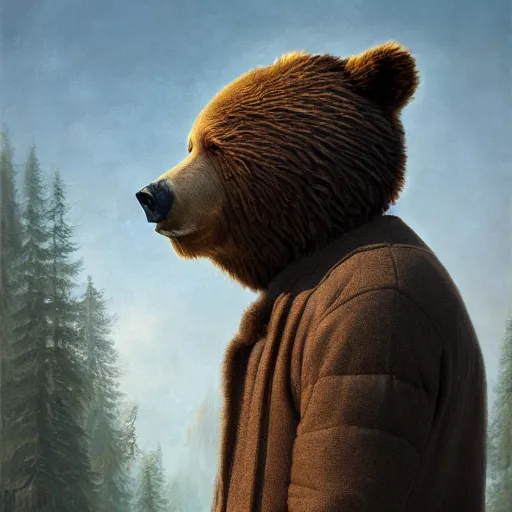 Image similar to Sad man in a bear mask, hyperrealism, no blur, 4k resolution, ultra detailed, style of Jonathan Solter, Peter Mohrbacher,Alexander Trufanov, Finnian MacManus, Ivan Shishkin