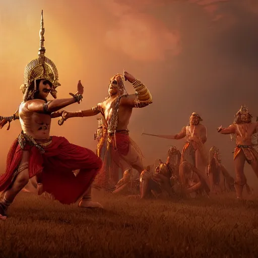 Image similar to scene from mahabharata with, cinematic, atmospheric, volumetric light, high octane render, backlight, 1 6 k, high definition render, unreal 5 engine, hyperrealism, in the style of ridley scott, hayao miyazaki, frank bairstow, james cameron, artgerm, marvel comics, steven spielberg, craig mullins