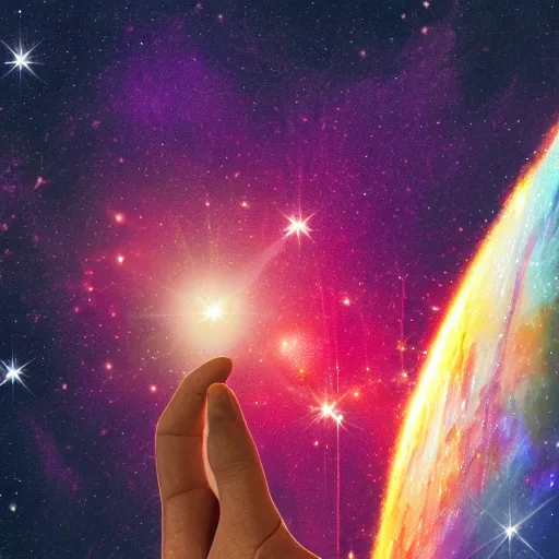 Image similar to a chimpanzee floating through outer space reaching out and touching nebula with it's finger, digital art, 8k