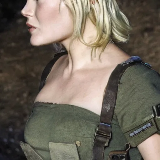 Image similar to elisha cuthbert as a soldier in a dystopian future battleground