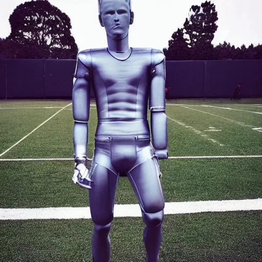 Prompt: “ a realistic detailed photo of a guy who is an attractive humanoid who is half robot and half humanoid, who is a male android, football player christian mccaffrey, shiny skin, posing like a statue, blank stare, on the field, on display ”