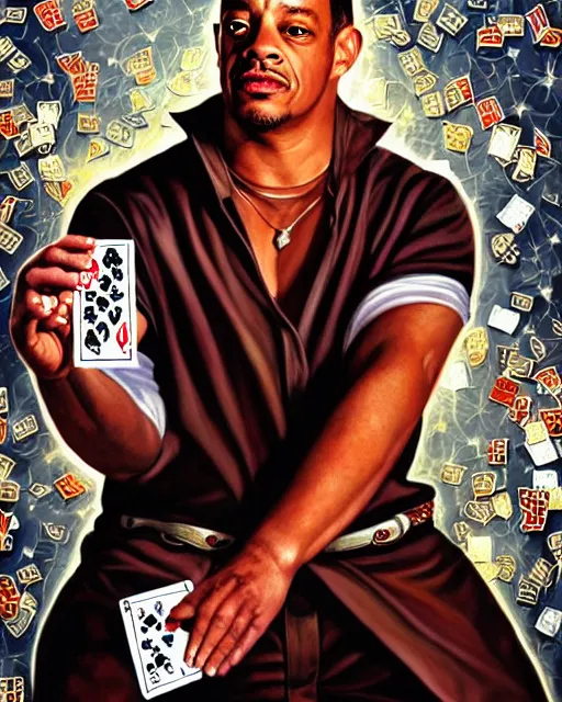 Prompt: a painting of a beautiful joey starr surrounded by playing cards, an ultrafine detailed painting, by mark brooks, centered full body, featured on deviantart, fantasy art, detailed painting, deviantart, anime