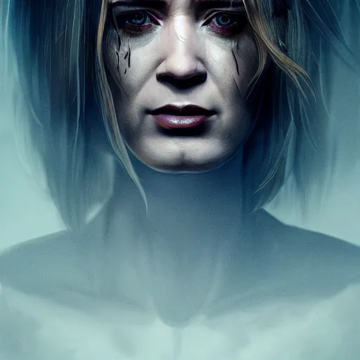 Image similar to emily blunt portrait, dystopia core, apocalyptic, armor, warrior, dramatic, sharp focus, fiction, neon, fantasy, hyper detailed, digital art, trending in artstation, cinematic lighting, studio quality, smooth render, unreal engine 5 rendered, octane rendered, art style and nixeu and wlop and krenz cushart