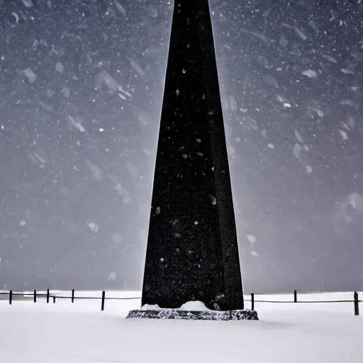 Prompt: distant obelisk of obsidian stretching to the heavens during a snowstorm