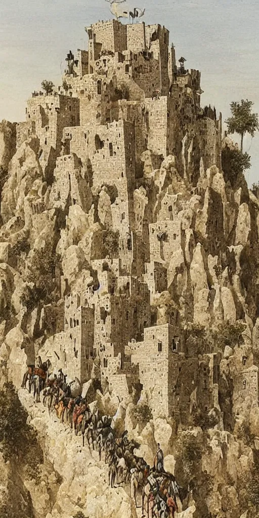 Prompt: a herd of goats climbing a tall citadel with tall towers and long stairs, beautiful, highly detailed